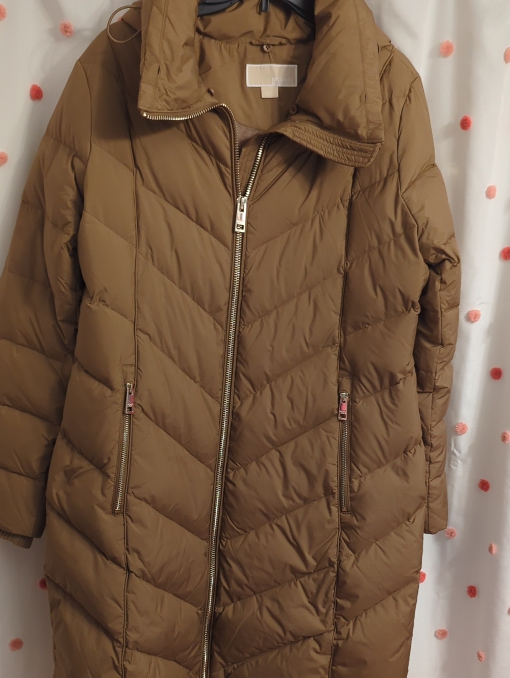 Michael Kors Long Quilted Puffer Coat in Tan